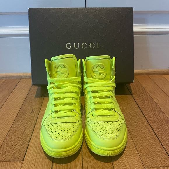 GENTLY USED AUTHENTIC GUCCI CALFSKIN CODA HIGH TOP NEON SNEAKERS SIZE 37.5/7.5 - Picture 3 of 9